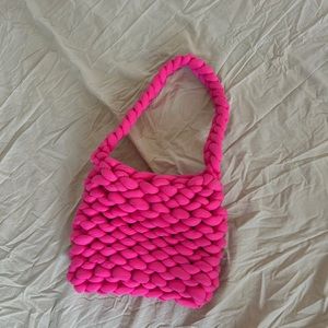 Hand-made pink crochet bag with plush yarn